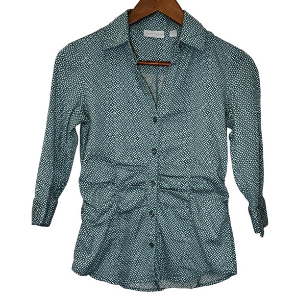 New York & Company Women's Green Geometric Print 3/4 Sleeve Button-Up Top Size S - Picture 1 of 9